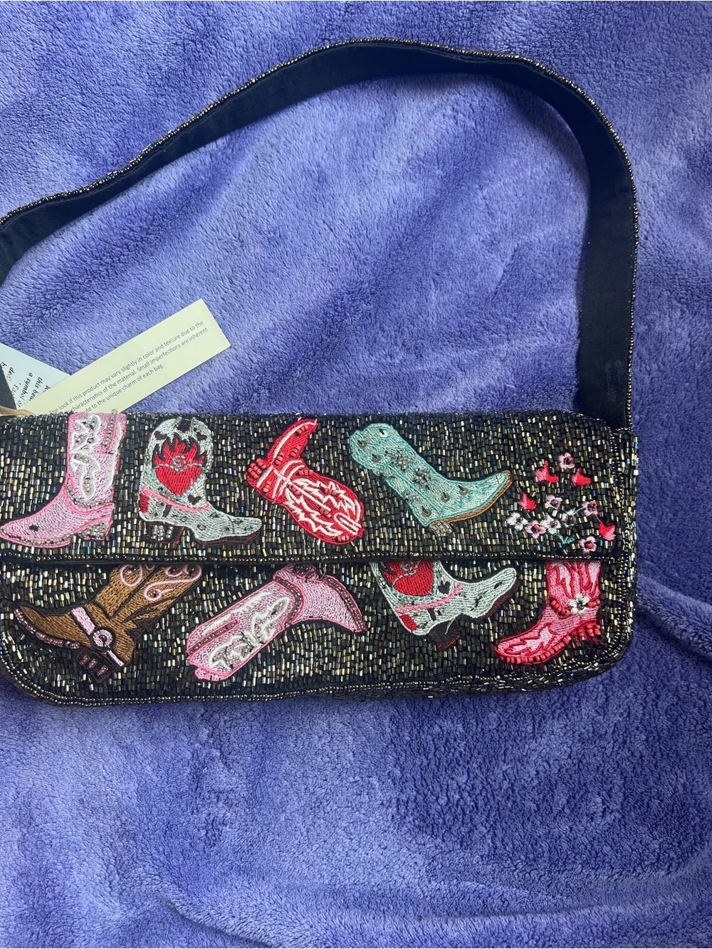 Embellished Black Beaded Shoulder Bag with Pink & Red Cowboy Boot Motifs